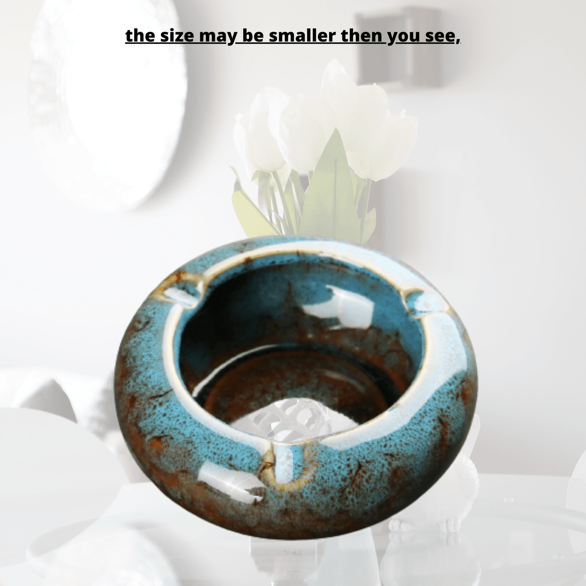 Round Glossy Ceramic Ashtrays + Flameless Lighter (BLUISH)