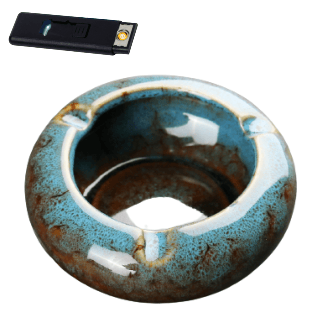Round Glossy Ceramic Ashtrays + Flameless Lighter (BLUISH)